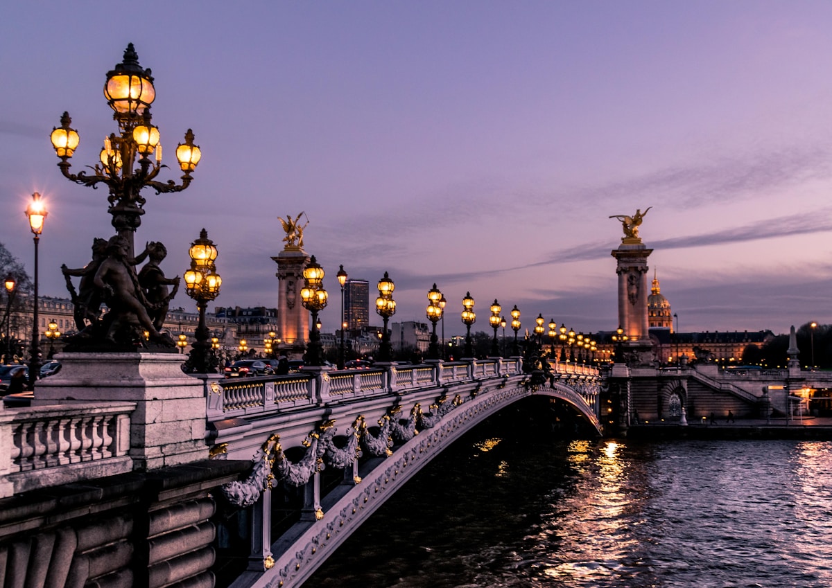 Illuminated lamps on Pont Alexandre III over the Seine in Paris